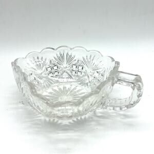 Vintage Clear pressed cut glass scallop edge handled candy dish nappy